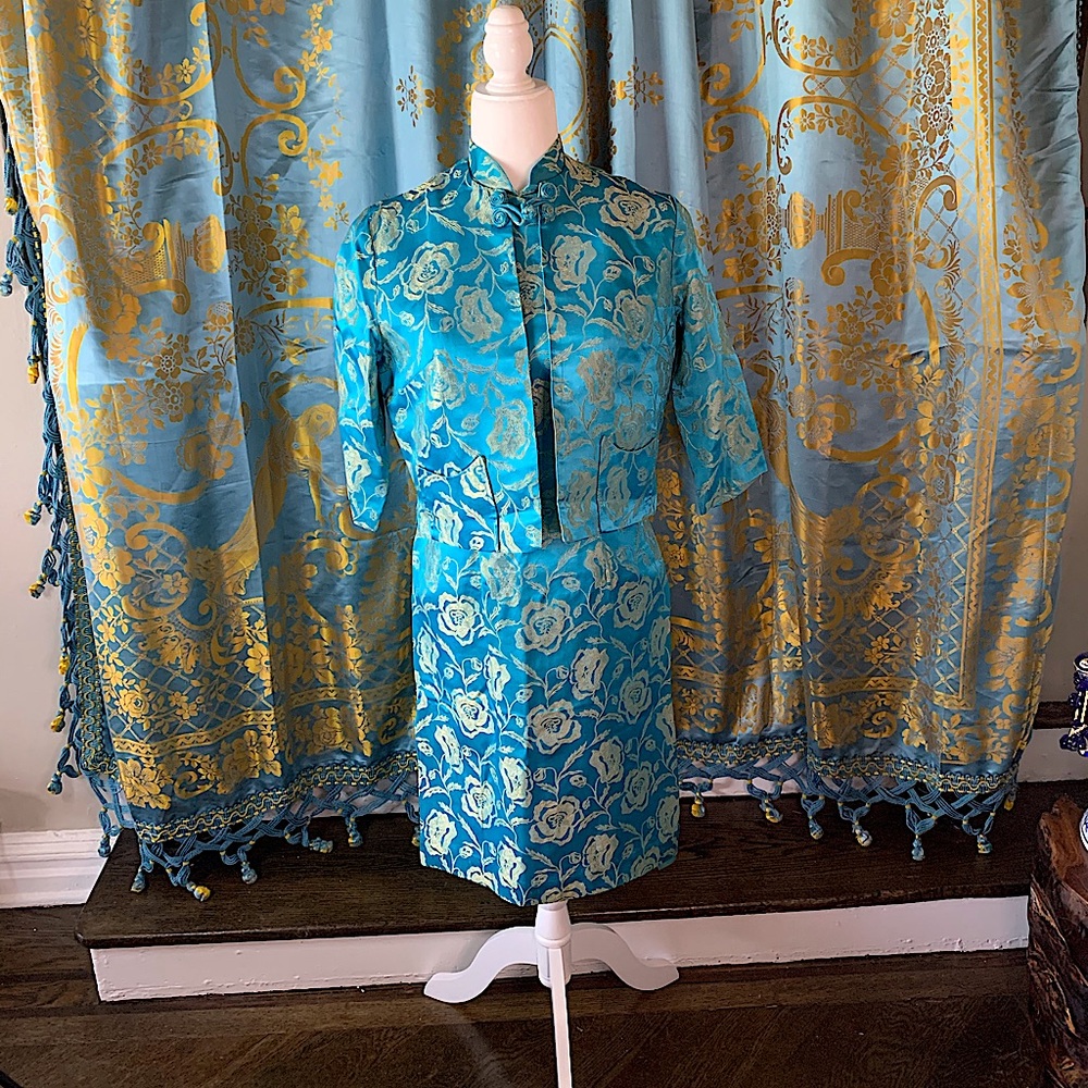 vintage brocade mandarin turquoise dress jacket